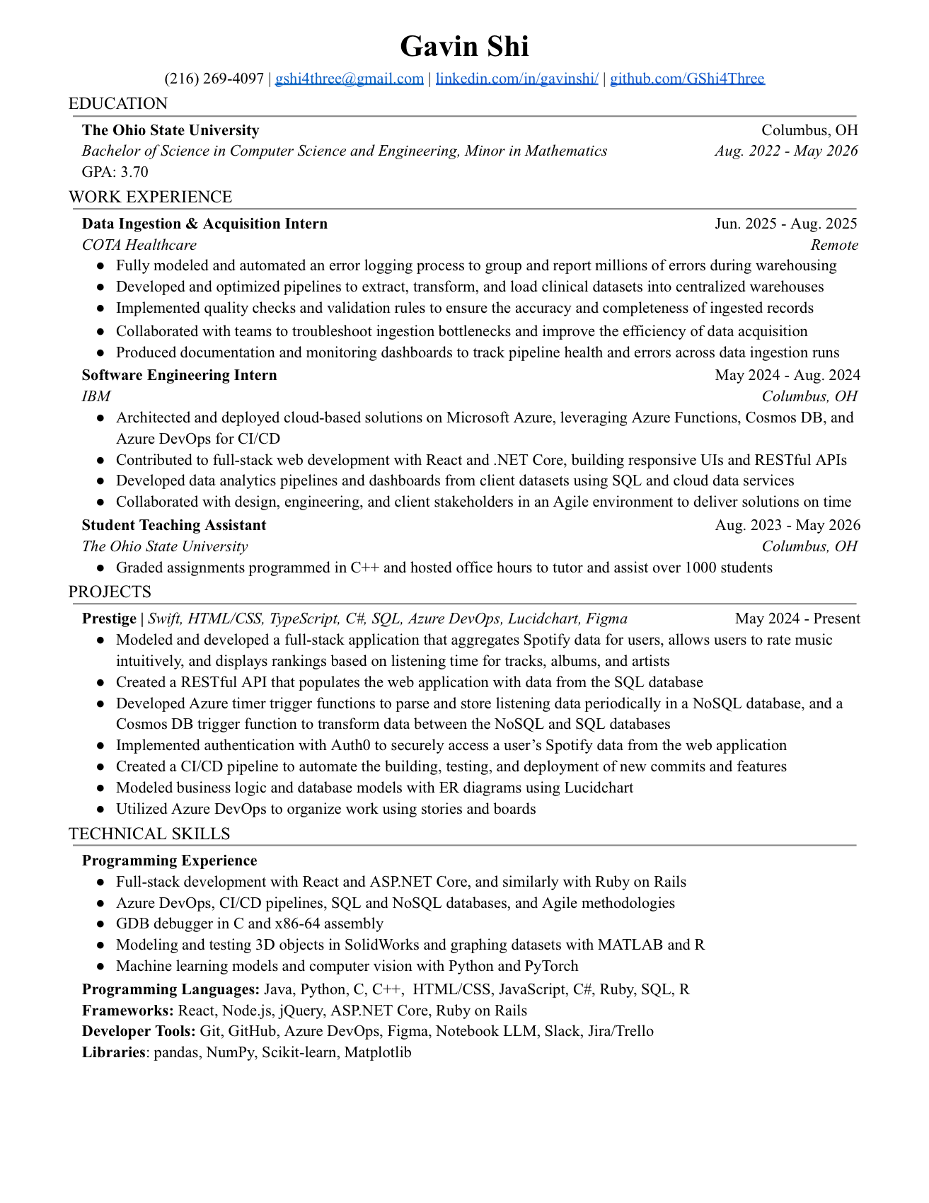 Gavin Shi's resume